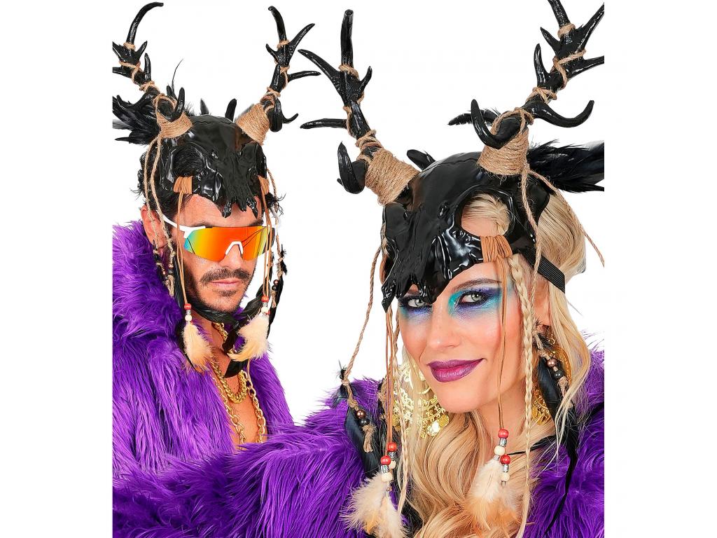 Bika kopnya sámán fejmaszk fekete tollal maszk