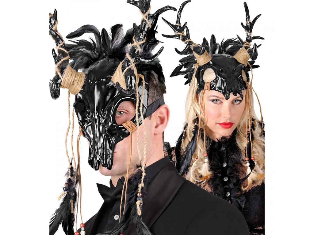 Bika kopnya sámán fejmaszk fekete tollal maszk