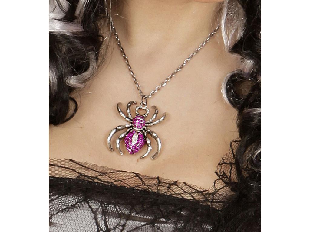 Nyaklánc ezüstszínű pókkal és lila strasszkövekkel díszítve