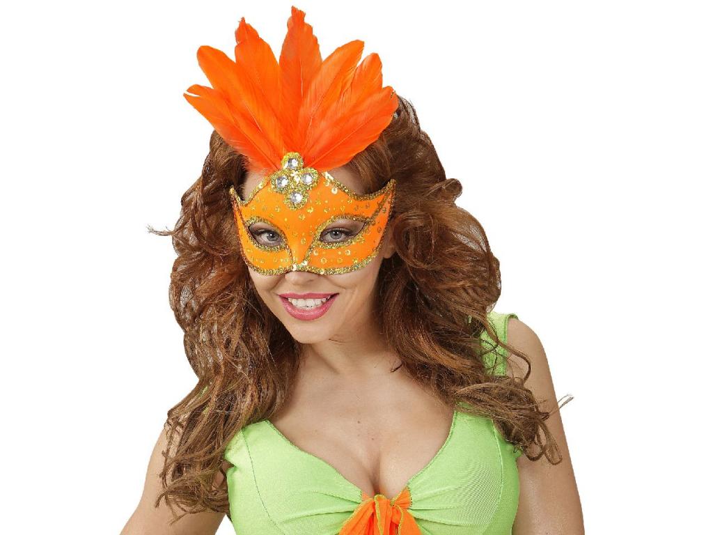 Neon-narancssárga brazil karneváli szemmaszk, flitterekkel, és t