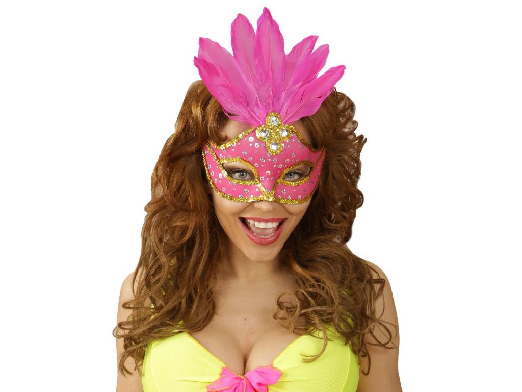 Neon-pink brazil karneváli szemmaszk, flitterekkel, és tolldíssz