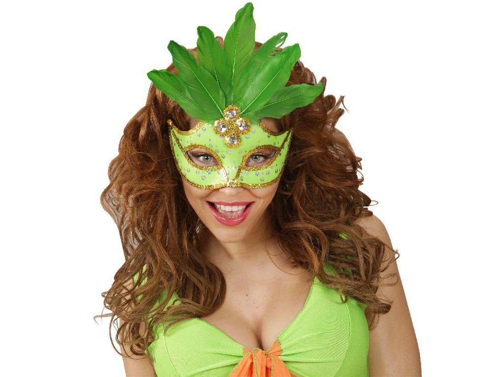 Neonzöld brazil karneváli szemmaszk, flitterekkel, és tolldíssze