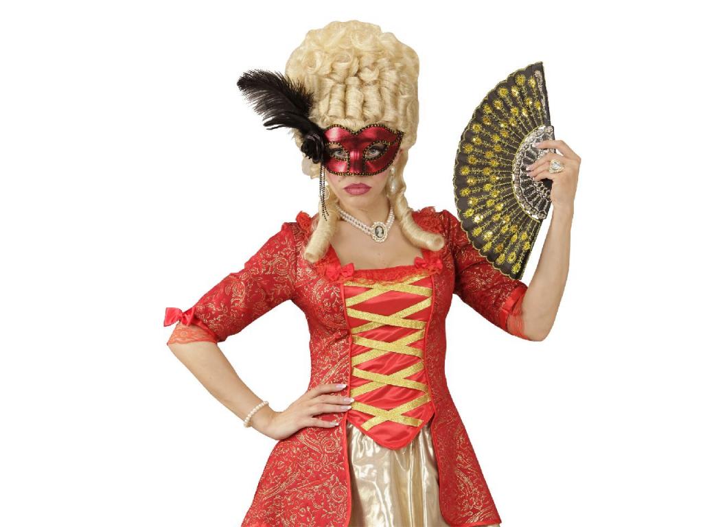 Fémesen csillogó piros velencei szemmaszk, fekete rózsa és toll