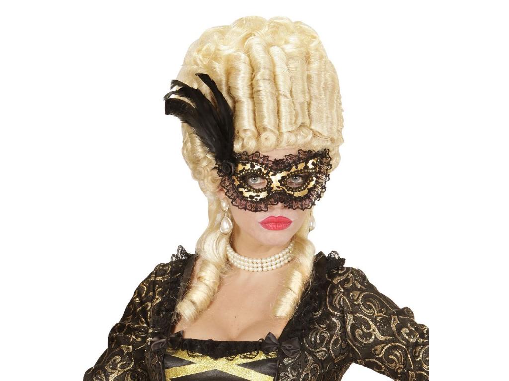 Aranyszínű szemmaszk, fekete csipkeszegéllyel és tollal