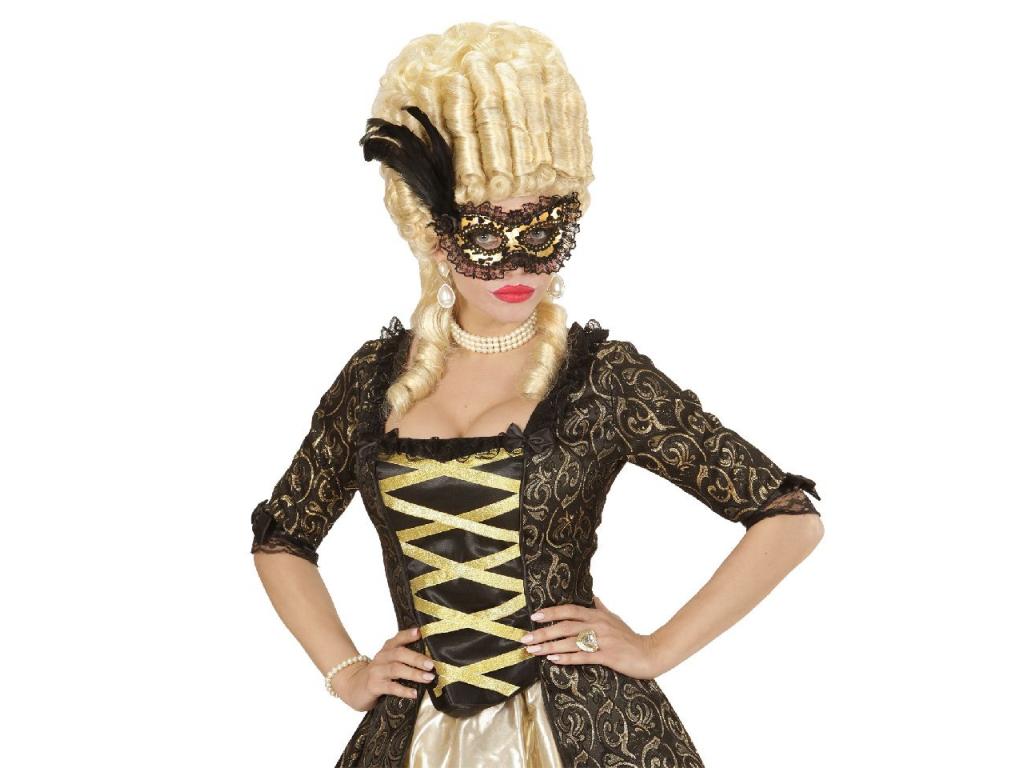 Aranyszínű szemmaszk, fekete csipkeszegéllyel és tollal