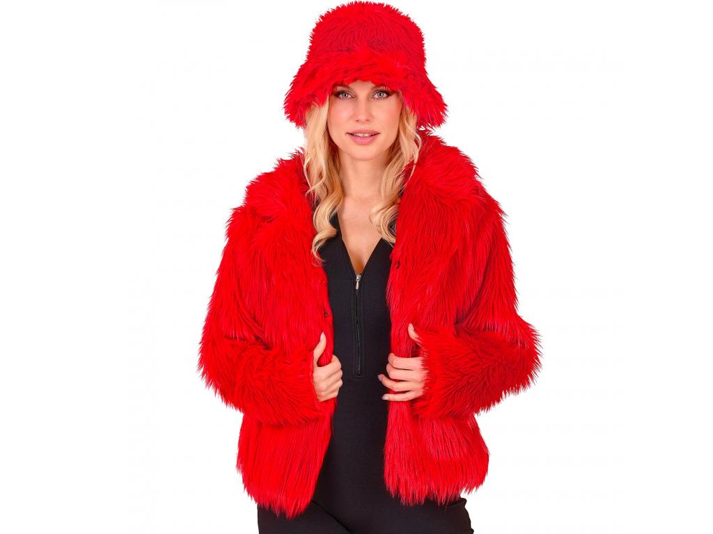 Piros színű plüss szőrös kabát női jelmez