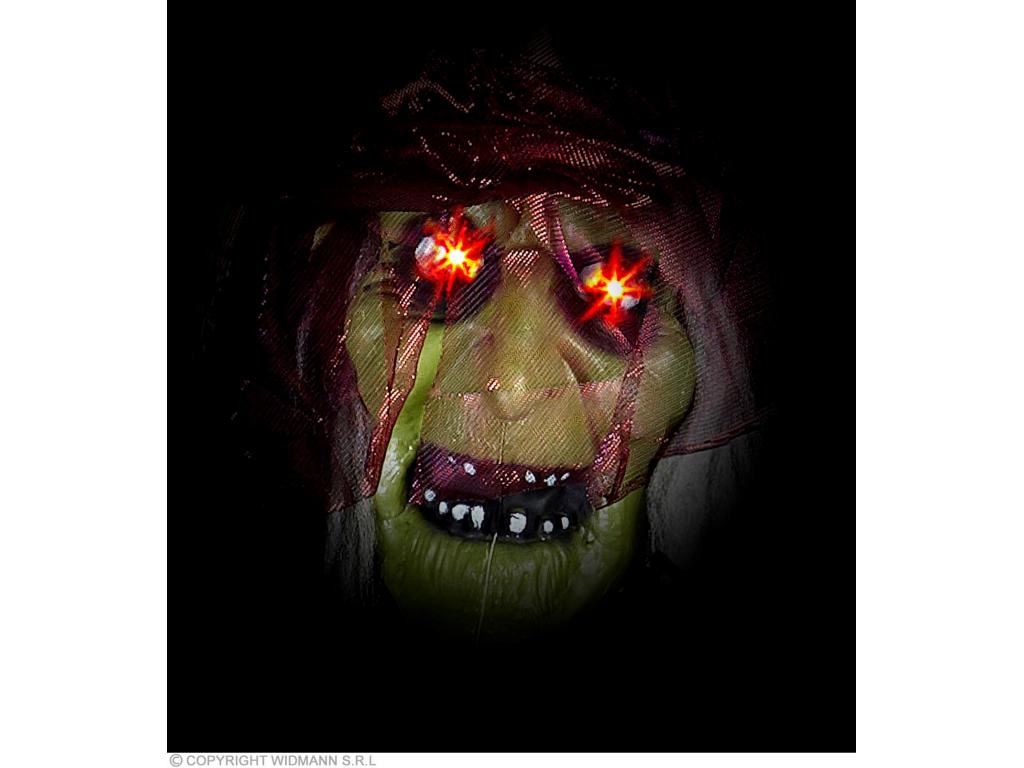 Beszélő és nevető boszorkány izzó vörös LED szemekkel és szinvál