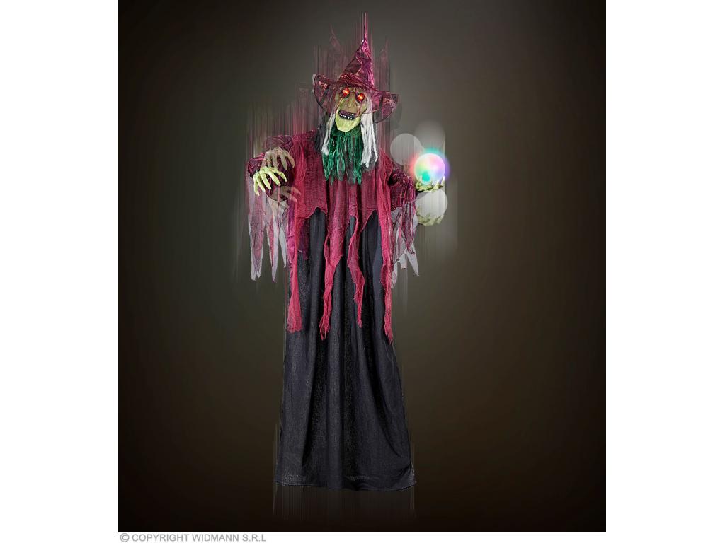 Beszélő és nevető boszorkány izzó vörös LED szemekkel és szinvál