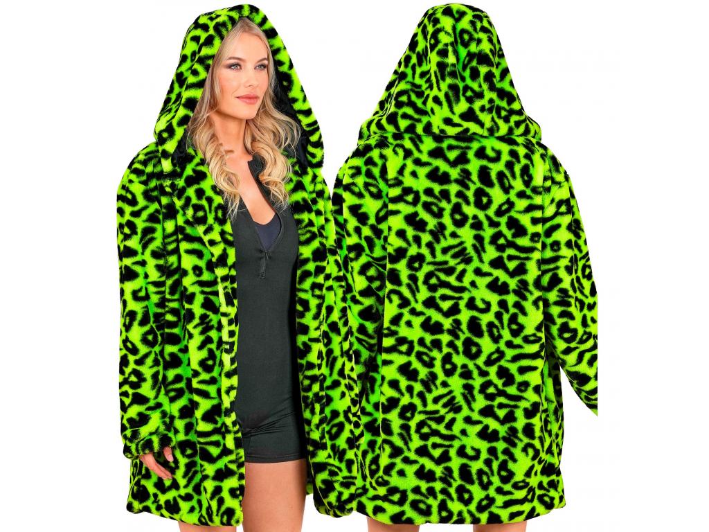 Leopárdmintás neon zöld plüss kapucnis dzseki unisex felnőtt jel