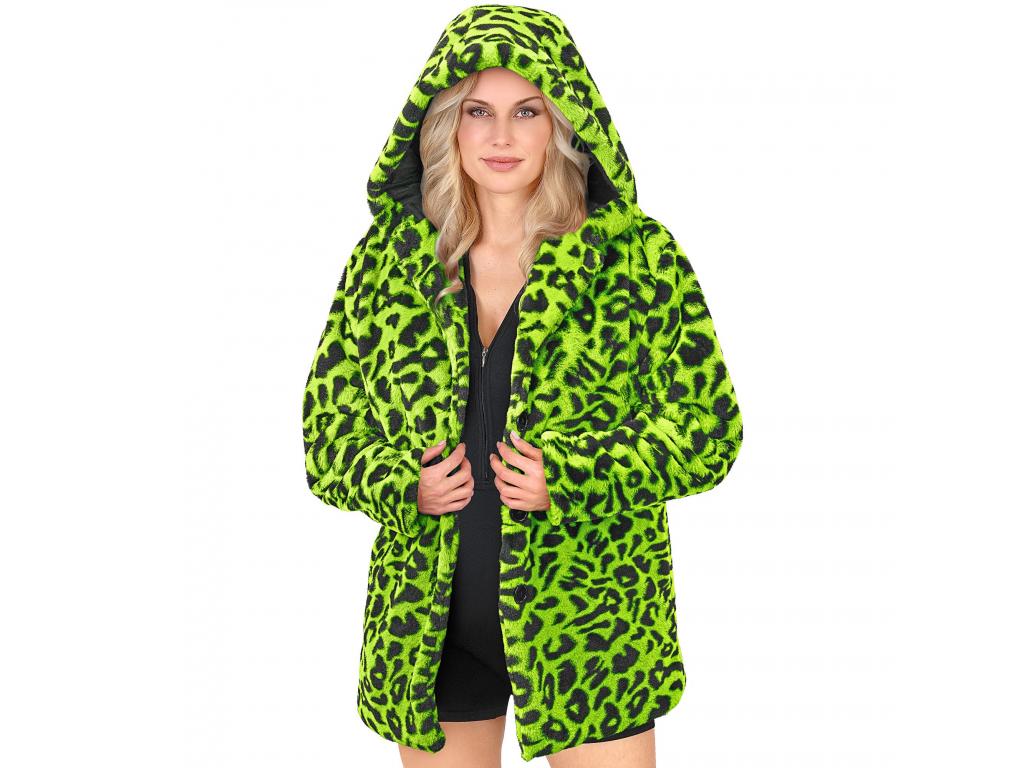 Leopárdmintás neon zöld plüss kapucnis dzseki unisex felnőtt jel
