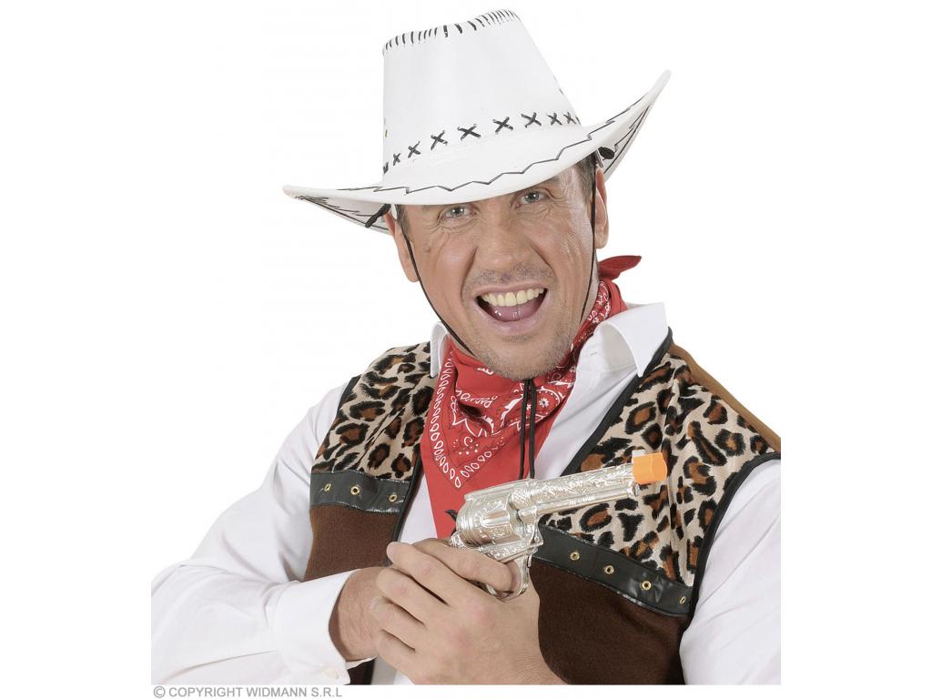 Fehér színű cowboy kalap, varratokkal díszítve, natúr bőr jelleg