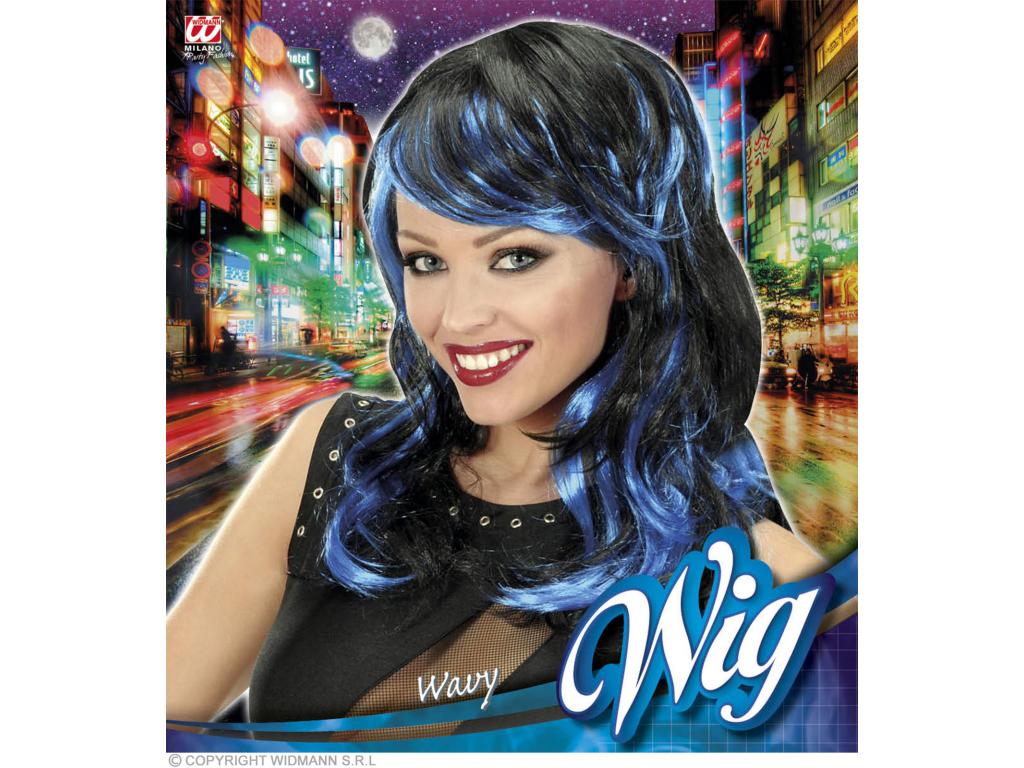 Wavy - fekete hullámos paróka kék tincsekkel