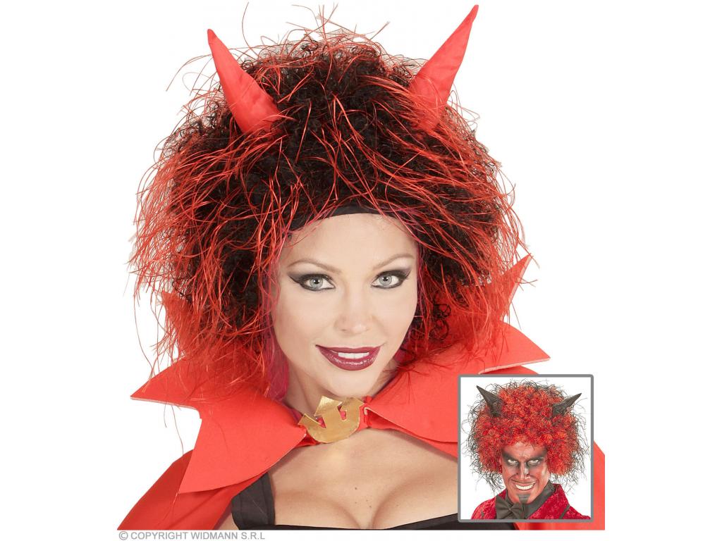Ördög paróka, piros-fekete, szarvakkal