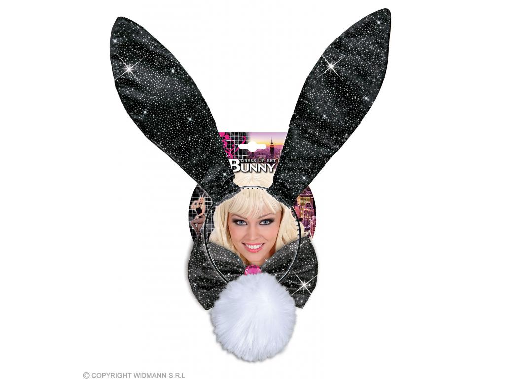 Fekete színű csillogó nyuszi jelmez kiegészítő: fül, farok, nyak