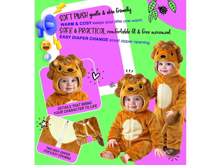Oroszlán puha plüss kapucnis overál unisex gyermek jelmez