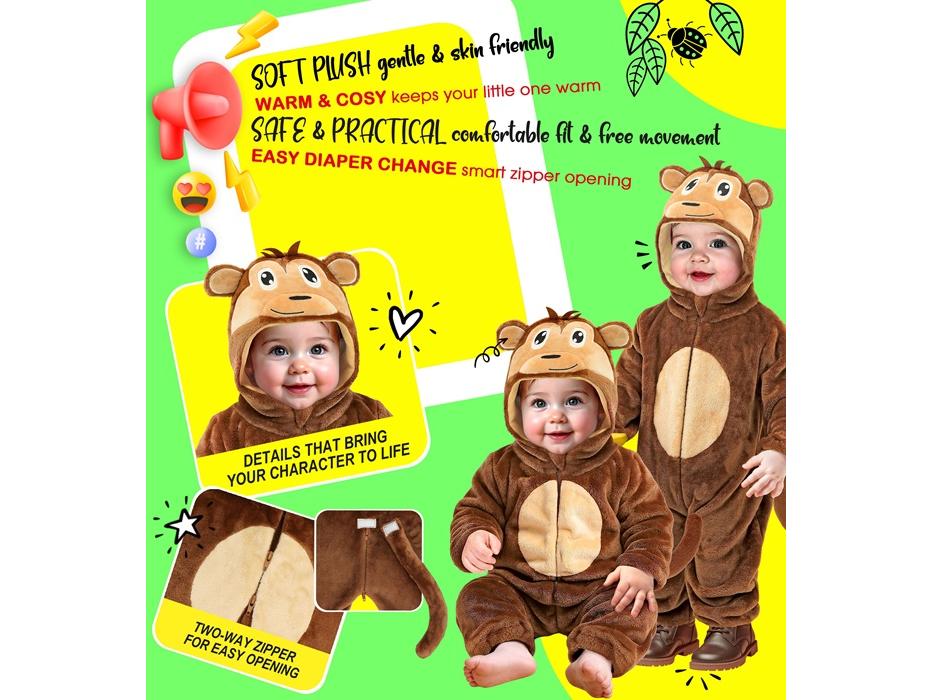 Majmocska puha plüss kapucnis overál unisex gyermek jelmez