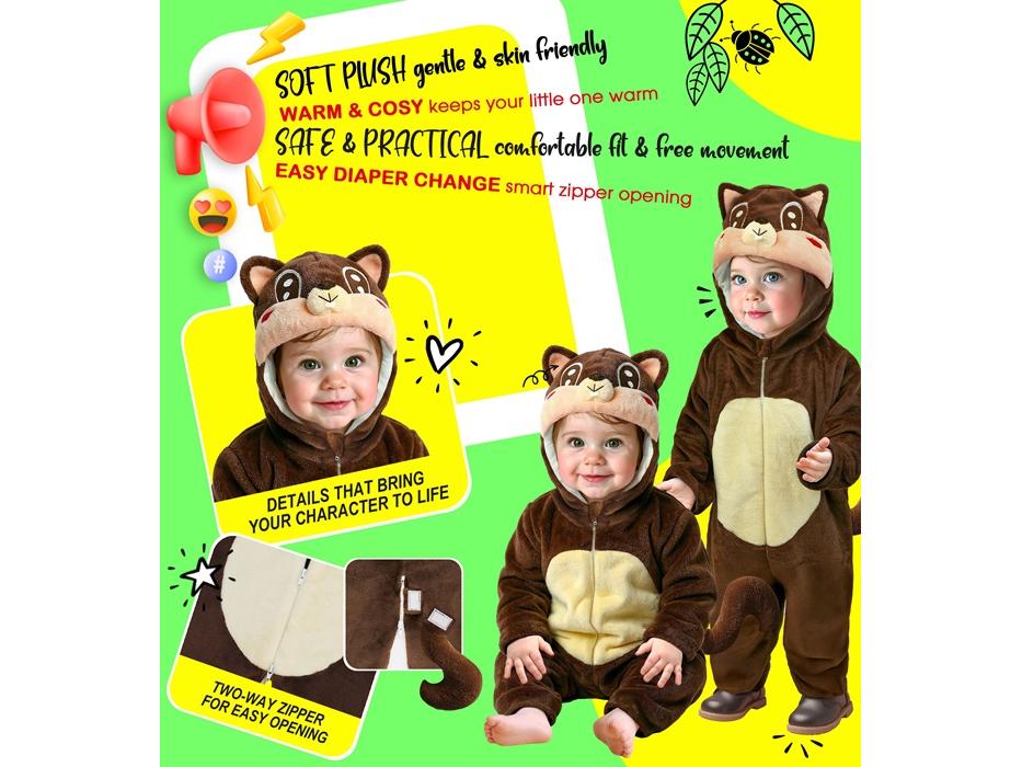 Mókus puha plüss kapucnis overál unisex gyermek jelmez