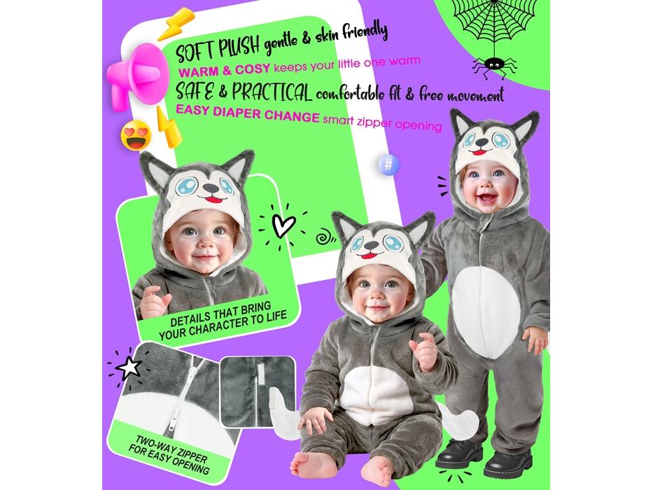 Husky puha plüss kapucnis overál unisex gyermek jelmez