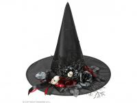 Zombi babákkal és rózsákkal díszített szatén boszorkány kalap -