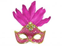 Neon-pink brazil karneváli szemmaszk, flitterekkel, és tolldíssz