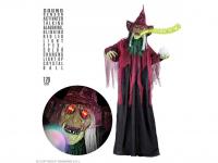 Beszélő és nevető boszorkány izzó vörös LED szemekkel és szinvál