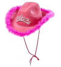 Rózsaszín cowgirl filckalap, diadémmel, marabu tollszegéllyel