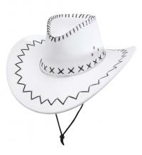 Fehér színű cowboy kalap, varratokkal díszítve, natúr bőr jelleg