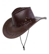 Barna színű cowboy kalap, varratokkal díszítve, műbőr
